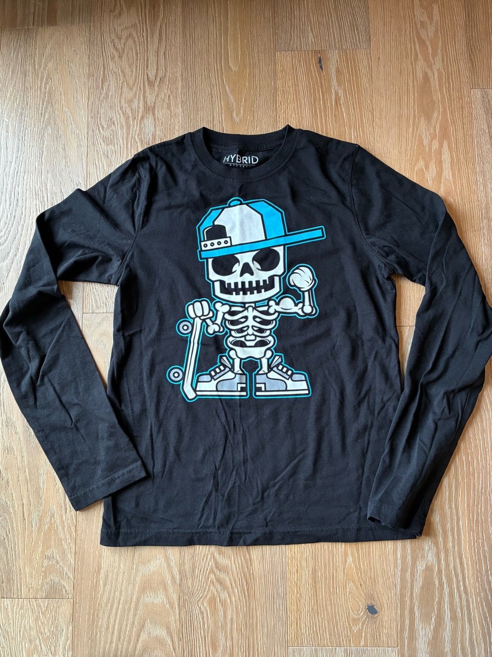 Hybrid Boys XL Black Long Sleeve Tee with Skater Skeleton Print Glow in the Dark